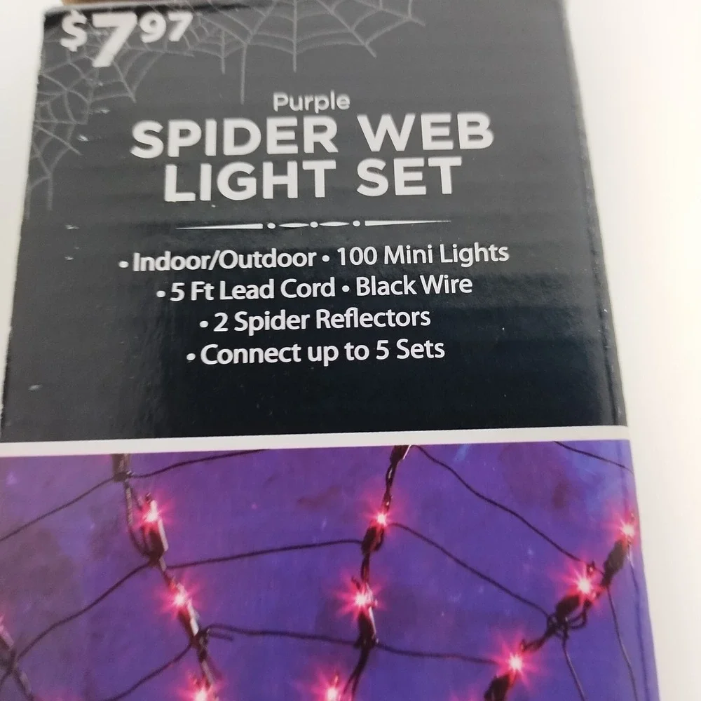 100 Ct Spider Web Shape Purple Light Set 2 Spider Reflectors Halloween Decor